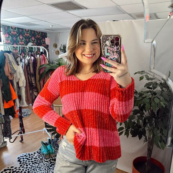 Wildfox Shine Clare Chenille Red Pink Pullover Striped Sweater XS - Picture 1 of 7